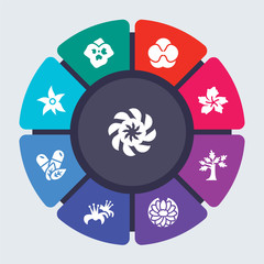 nature vector template for infographics. Business concept with 9 options, steps, parts, segments. Banner infographic cycling diagram, round chart, Peony, Pansy, Orchid, Oleander, Oak icons