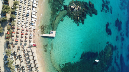 Aerial drone, bird's eye view photo of iconic Mykonos island, Cyclades, Greece