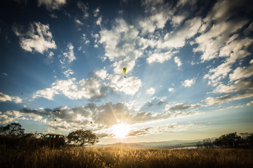 Obraz premium Blue and cloudy sky, sun shiny with star shape, trees, plants and a car in the midle of the nature
