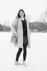 Winter walk, happy woman