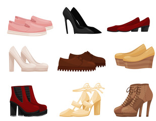 Flat vector set of different female shoes, side view. Trendy women footwear. Fashion theme