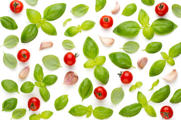 Vegetable and spices isolated on white background, top view. Wallpaper abstract composition of vegetables.