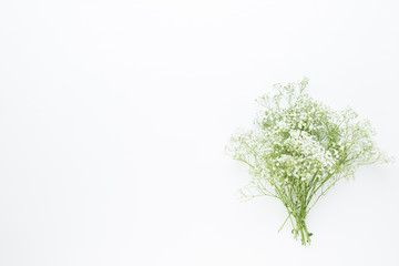 Flowers composition. Gypsophila flowers on pastel pink background. Flat lay, top view, copy space