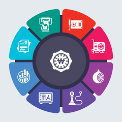 cryptocurrency economy vector template for infographics. Business concept with 9 options, steps, parts, segments. Banner infographic cycling diagram, round chart, Won, Withdraw, Video card icons