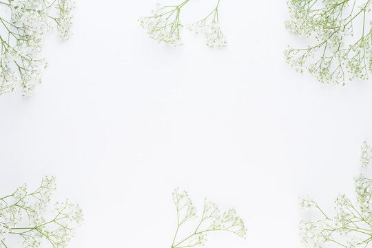 Fototapeta Flowers composition. Gypsophila flowers on pastel pink background. Flat lay, top view, copy space