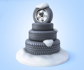snow tires in the shape of a Christmas tree on a snow 3d render on blue