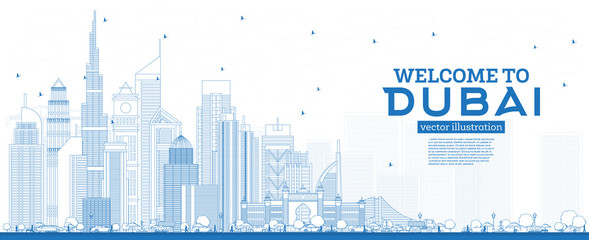 Outline Welcome to Dubai UAE Skyline with Blue Buildings.