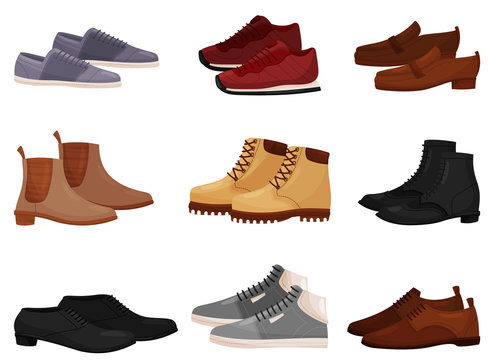 Flat Vector Set Of Different Male And Female Shoes, Side View. Casual And Formal Men Footwear. Fashion Theme