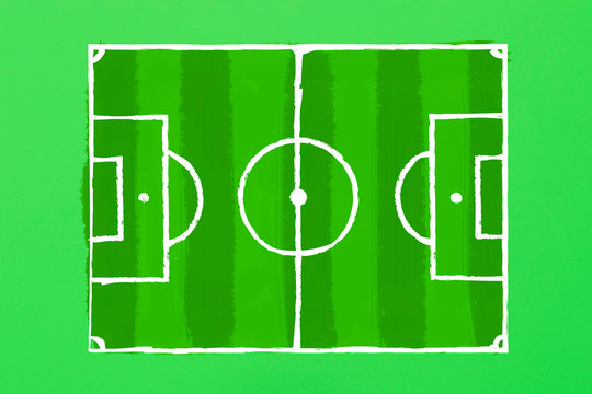 Image of a football field on a green cardboard. Tactics of the game. The concept of the game of football. Flat lay, top view.