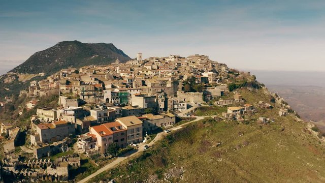 Aerial shot of small picturesque town of Sant'Oreste on the mountain. Lazio, Italy