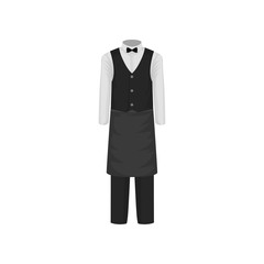Uniform of waiter. Shirt with bow-tie, vest, pants and apron. Clothes of restaurant worker. Flat vector design