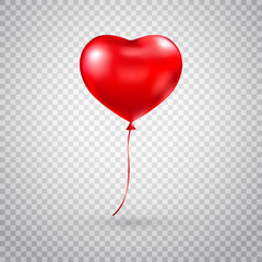Heart balloon. Red heart glossy balloon isolated on transparent background. Festive decoration. Holiday backdrop with flying red balloon. Happy Valentines Day design element. Vector illustration © Liubov
