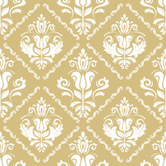 Classic seamless vector pattern. Damask orient ornament. Classic vintage background. Orient golden and white ornament for fabric, wallpaper and packaging