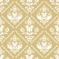 Classic seamless vector pattern. Damask orient ornament. Classic vintage background. Orient golden and white ornament for fabric, wallpaper and packaging