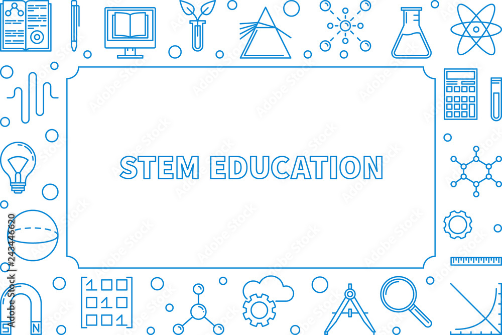 Poster stem blue horizontal frame with empty space for text. vector science concept outline illustration or