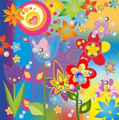 kolorowa kompozycja z różnymi kwiatami i wzorami