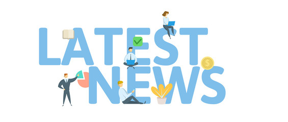 LATEST NEWS word concept banner. Concept with people, letters, and icons. Colored flat vector illustration. Isolated on white background.