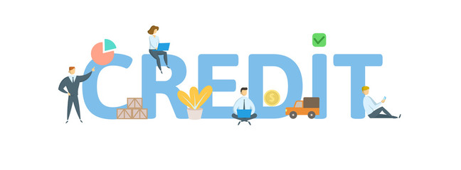 CREDIT word concept banner. Concept with people, letters, and icons. Colored flat vector illustration. Isolated on white background.