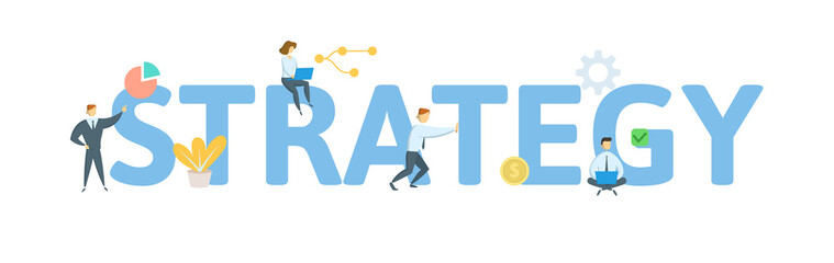 STRATEGY word concept banner. Concept with people, letters, and icons. Colored flat vector illustration. Isolated on white background.