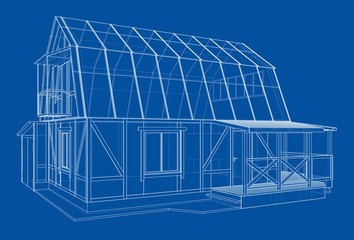 3D rendering of house wireframe structure