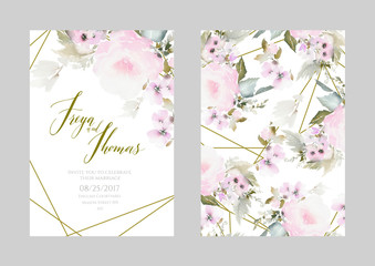 A set of wedding watercolor cards in pastel colors. A bouquet of delicate flowers for invitations.