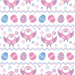 Colorful seamless pattern with the image of Easter eggs and birds. Vector background.