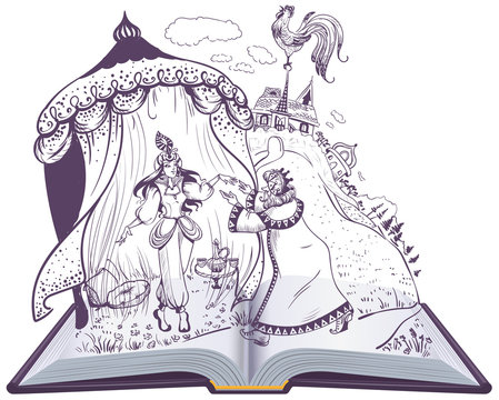 Pushkin fairy tale of Golden Cockerel open book illustration