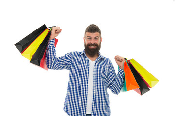 Bearded man with shopping bags.. Mature happy hipster with beard. Shopping sale. Male barber care. brutal caucasian hipster with moustache. Black Friday. Cyber Monday. Heavy bags