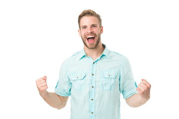 Achieve success. Man with beard happy about solution. Celebrate good result. Solution for all...