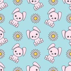 Seamless pattern dedicated to Easter with the image of rabbits and chamomiles. Colorful illustration.