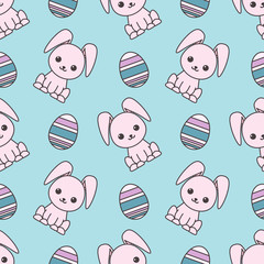 Seamless pattern dedicated to Easter with the image of rabbits and painted eggs. Colorful illustration.