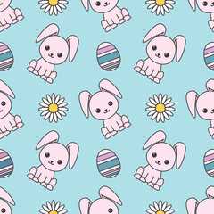 Seamless pattern dedicated to Easter with the image of rabbits, painted eggs and chamomiles. Colorful illustration.