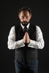 Take good care of your silhouette. How to dress for your age. Elegancy and male style. Classy style. Man bearded guy wear white shirt and classic vest outfit. Formal outfit. Elegant outfit mature man