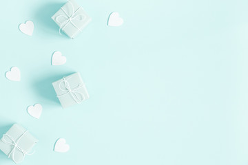 Valentine's Day background. Gifts on pastel blue background. Valentines day concept. Flat lay, top view, copy space