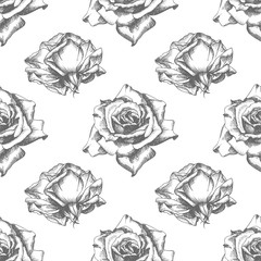 Seamless pattern Hand drawn sketch roses Detailed vintage botanical illuatration. Floral frame. Black silhouette isollated on white background.