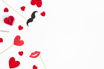 Valentine's day background with party accessories. Valentines day concept. Flat lay, top view, copy space