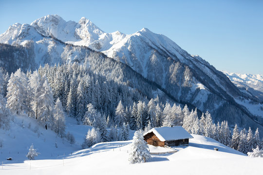 Picturesque winter scene with traditional alpine chalet and snowy forest. Sunny frosty weather with clear blue sky