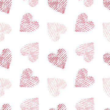 Hand drawn seamless pink heart pattern. Valentines day vector background.