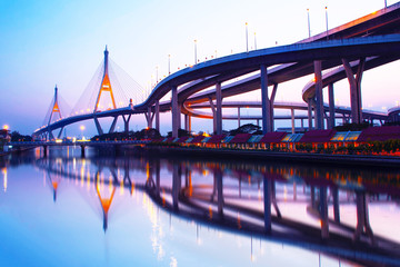 Fototapeta na wymiar Bhumibol Bridge with twilight evening in Thailand 