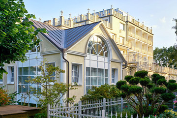 Holiday house with front garden on the promenade in Binz on the island of Rügen on the Baltic Sea....