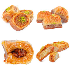 Tasty oriental sweets collage isolated on white