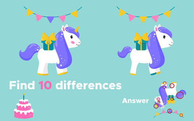 Educational game, find ten differences. With answer. Cute cartoon unicorn with gift. Birthday party. Vector illustration.