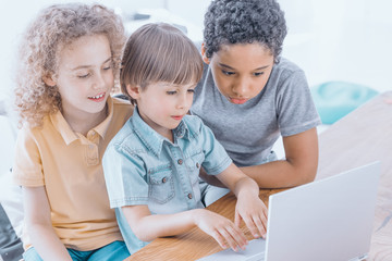 Group of clever kids learning together how to use computer