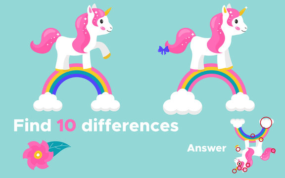Educational game, find ten differences. With answer. Cute cartoon unicorn on the rainbow. Vector illustration.