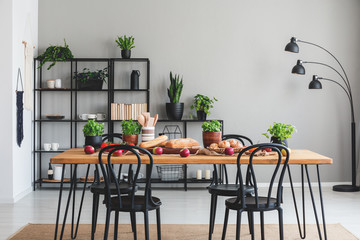 Real photo of cozy dining room interior with a table full of vegetables and herbs, and black shelf in the background