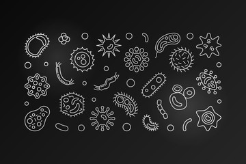 Bacterial cells dark horizontal banner. Vector outline silver illustration made with microbes and bacterium icons - obrazy, fototapety, plakaty