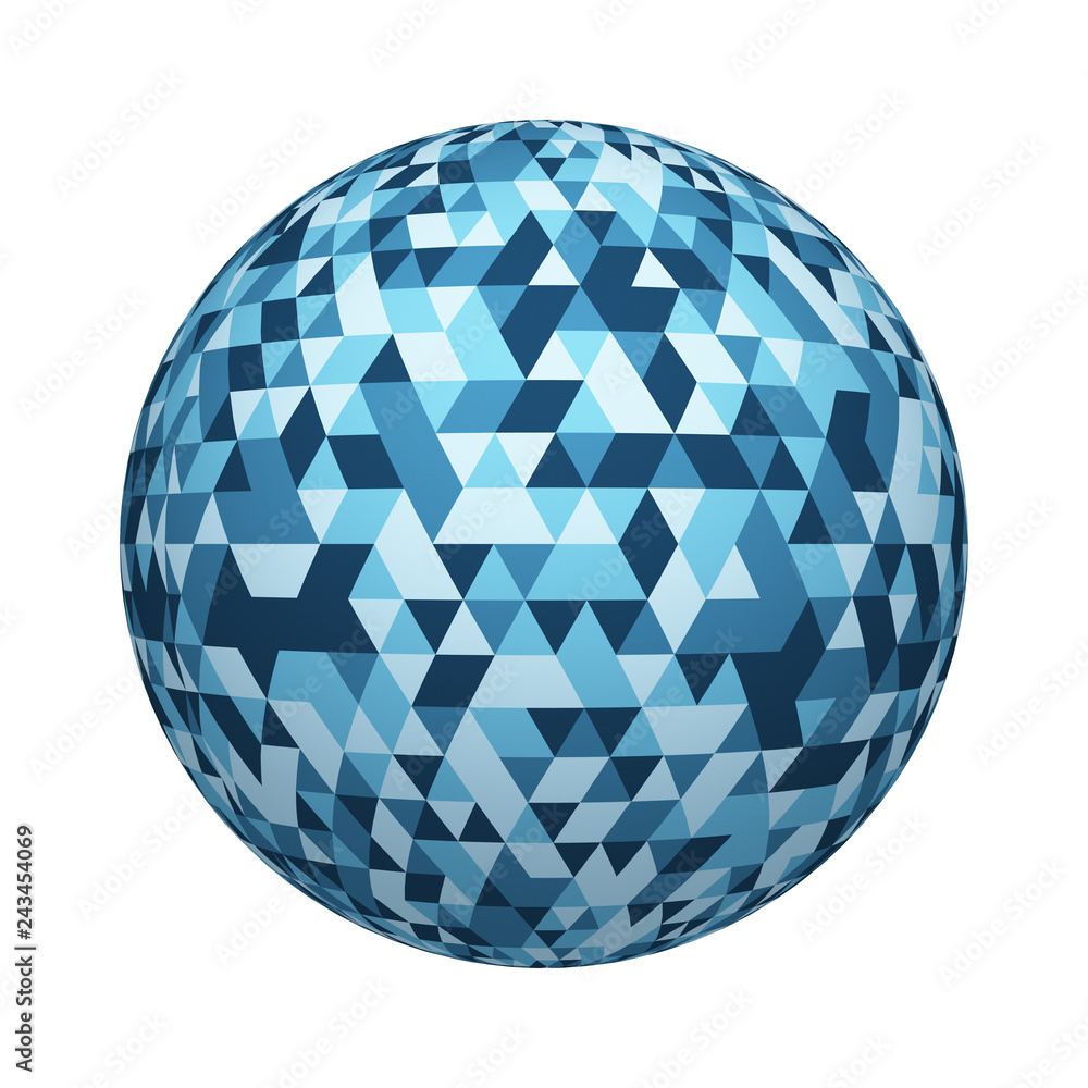 Poster blue triangle tiles flooring texture pattern on ball or sphere shape isolated on white background. m