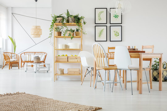 Natural linen rug on white wooden floor in trendsetting living and dining room interior with rattan sofa and armchairs and wooden table with modern chairs and gallery