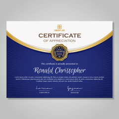 Luxury Certificate template with golden decoration element & Blue Background.