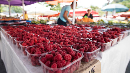 market vendor with raspberries in Ljubljana